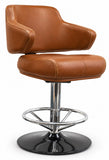 A modern swivel bar stool with a warm brown leather upholstered seat and curved backrest, supported by a chrome metal pedestal and a black circular base, shown on a plain white background.