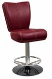 A modern swivel barstool with deep burgundy faux leather upholstery, a chrome metal pedestal base, and a glossy black circular footrest on a white background.