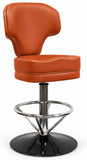 An orange leather swivel gaming stool with a chrome pedestal base and black circular footrest, shown on a white background.