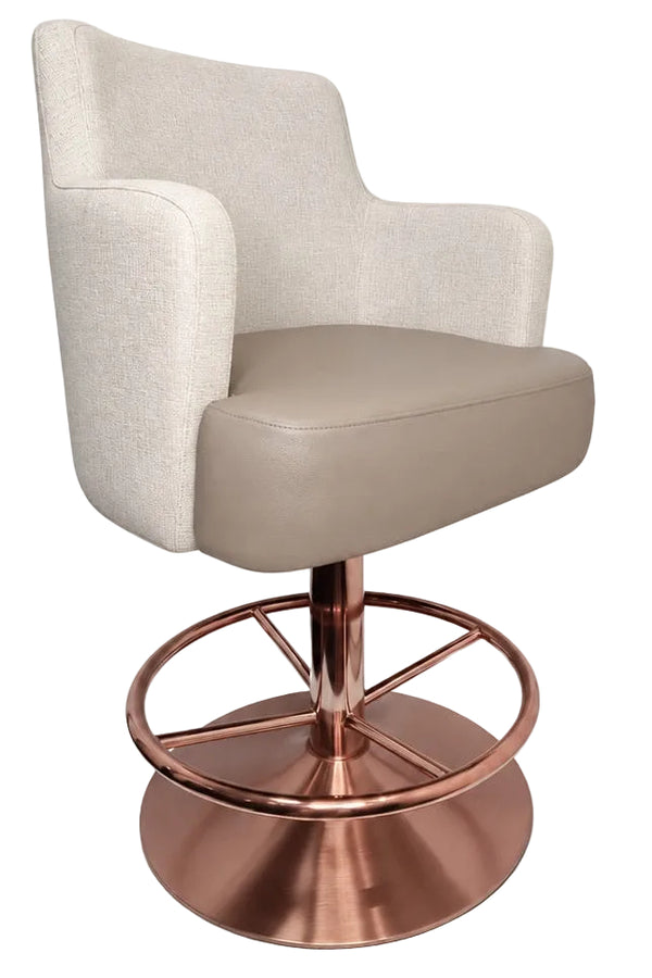A modern swivel barstool with a light beige upholstered seat and curved backrest, supported by a polished copper-colored metal swivel base with a circular footrest.