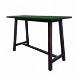 A dark brown wooden table with a rectangular top and four angled legs connected by a lower support bar, shown on a plain white background.