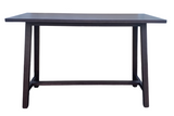 A rectangular wooden table with a dark brown finish, featuring a thick top, angled legs, and a lower support rail, shown against a plain white background.