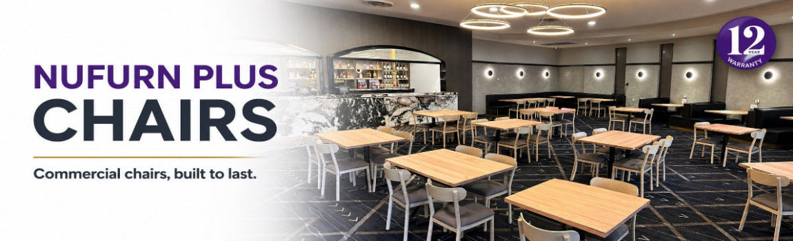 A promotional banner for Nufurn Plus Chairs showing a large classroom or conference room interior with many light wood desk tables and matching gray chairs. Large text on the left reads 'NUFURN PLUS CHAIRS' with the tagline 'Commercial chairs, built to last.