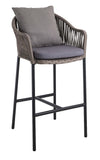 Nufurn Corindi Outdoor Bar Stool with fully welded aluminium frame and commercial powdercoat finish.  Olefin Rope Seat and Back with loose seat and back cushion