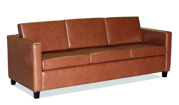 An image of a brown, leather upholstered 3 seater lounge sofa with a solid timber frame and nylon feet.
