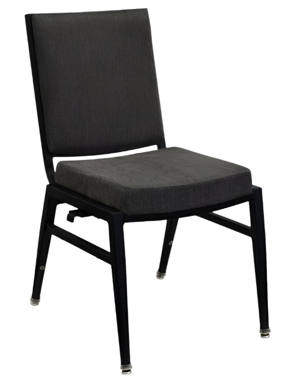 A black Metro 9 aluminium banquet chair with a fabric cushion.