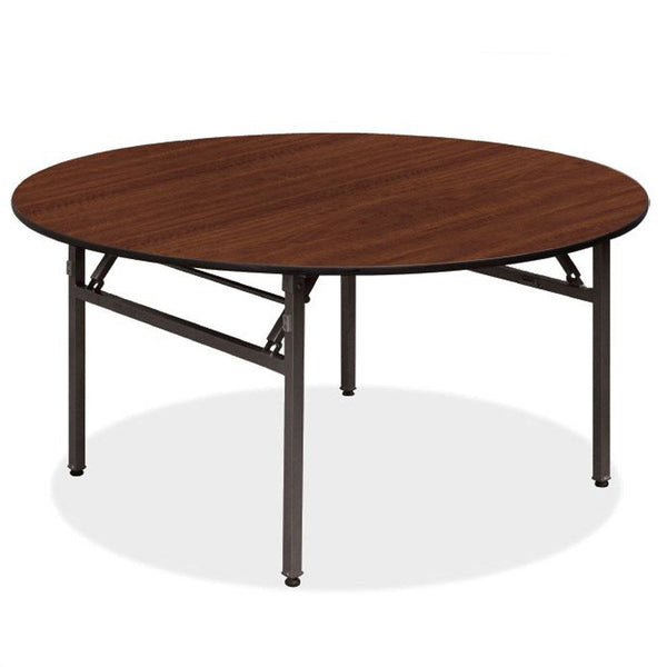 Nufurn Platinum Round Folding Banquet Table in Wenge Commercial Laminate with Black Spring Locking Folding Frame for hotels, resorts, function venues and clubs