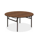 Nufurn Platinum Round Folding Banquet Table in Dark Walnut 7736K Commercial Laminate with Black Spring Locking Folding Frame for hotels, resorts, function venues and clubs