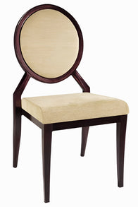 A Chair with a beige upholstered seat and a dark wooden frame, fully welded and stackable, complying with AS/NZS 4668:2000 - Level 6 Severe Commercial Use Standard.