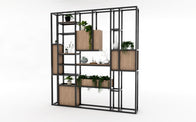 Nufurn Commercial Furniture Zen Display & Storage Unit in black frame with natural oak boxes and synthetic plants.