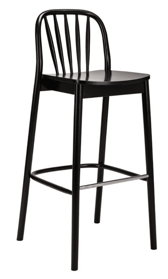 A black 'Aldo' bentwood bar stool with a full back and a flat seat.